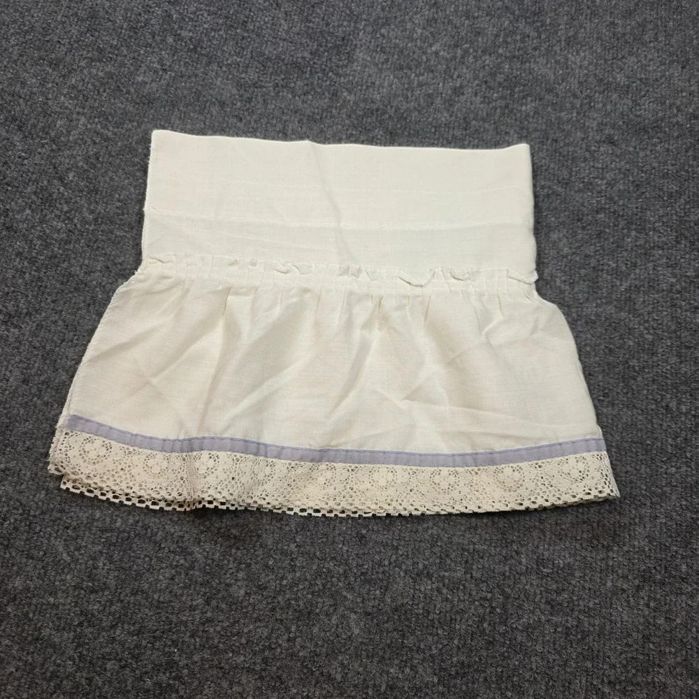 Vintage White Ruffled Lace Valance Blue Trim Farmhouse Cottagecore 46x10